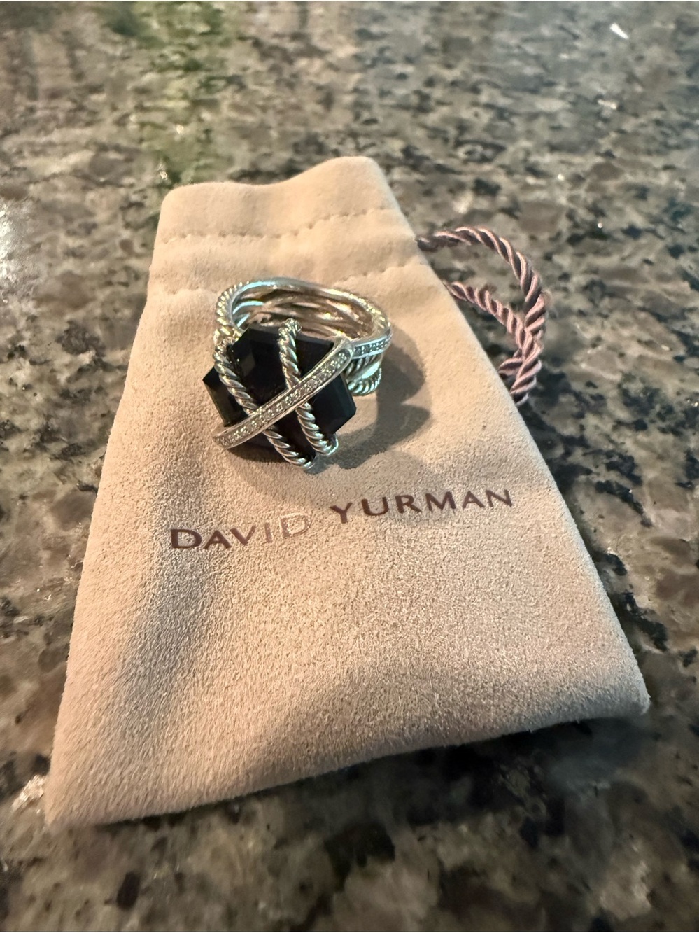 David Yurman Sterling Silver Ring with Black Onyx and Pave Accent